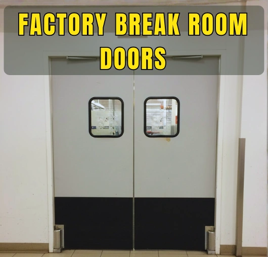 Gray PE-Series Factory Break Room Doors built for durability, noise control, and smooth swing operation
