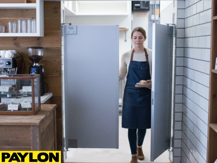 Gray PE-Series restaurant café door in a coffee shop with staff carrying plates through it Gray PE-Series restaurant café door in a coffee shop with staff carrying plates through it