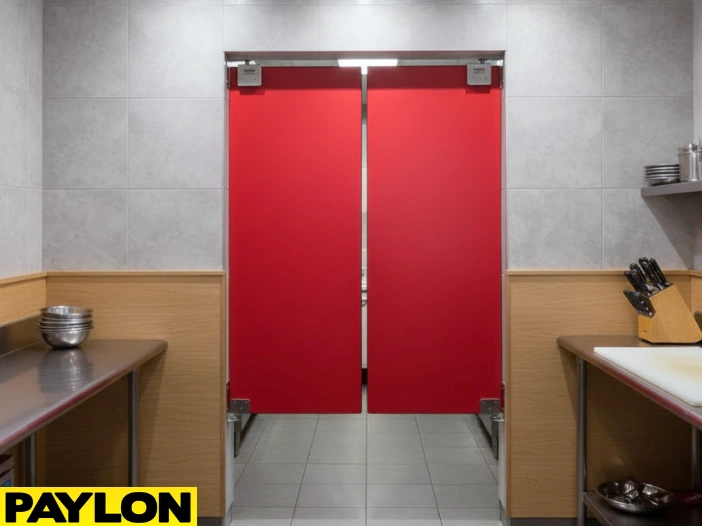 Gray PE-Series swinging doors in a professional kitchen, showing smooth two-way swing operation Gray PE-Series swinging doors in a professional kitchen, showing smooth two-way swing operation