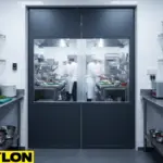 Gray PVC swinging doors separating a professional kitchen workspace, enhancing hygiene and workflow efficiency
