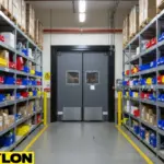 Gray commercial swinging doors in inventory storage with colorful bins, designed for durability and easy traffic flow