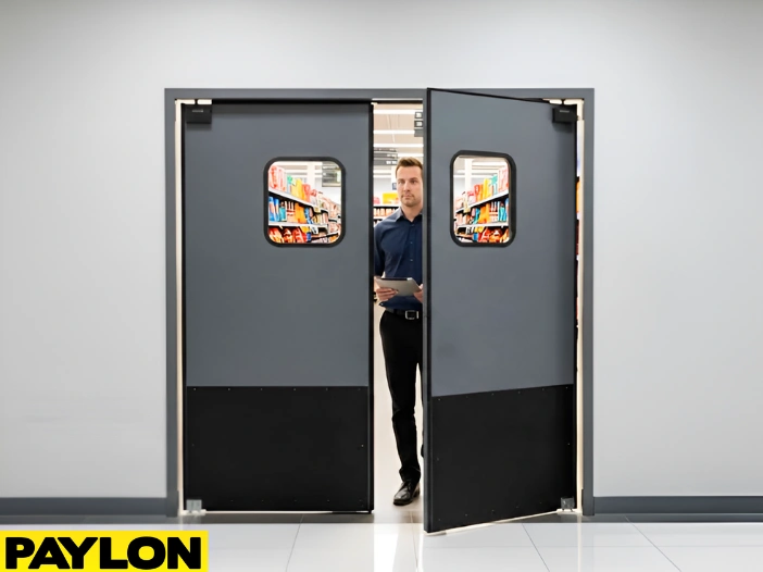 Gray double-acting swinging doors by Paylon separating a grocery stockroom from sales floor, built with reinforced panel and clear windows for visibility and safety Gray double-acting swinging doors by Paylon separating a grocery stockroom from sales floor, built with reinforced panels and clear windows for visibility and safety