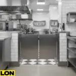 Gray double-action restaurant kitchen doors in stainless steel prep area Gray double-action restaurant kitchen doors in stainless steel prep area