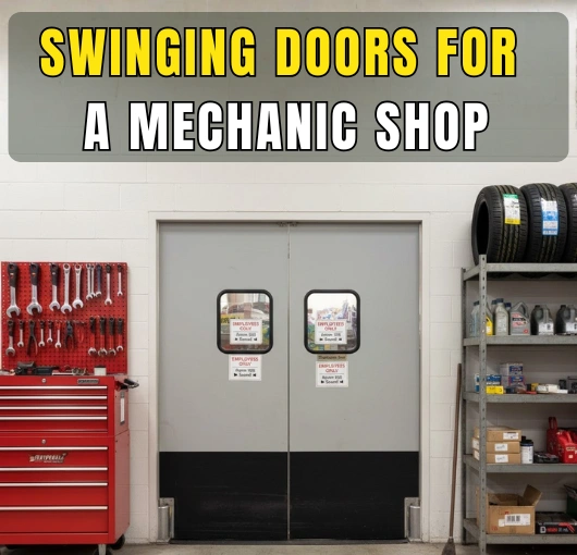 Gray double swinging doors for a mechanic shop with red tool cabinets and tires in the background