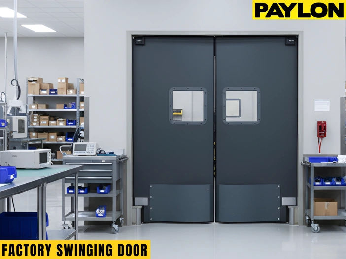 Gray double swinging factory doors with impact-resistant kick plates and window panels in an industrial room Gray double swinging factory doors with impact-resistant kick plates and window panels in an industrial room