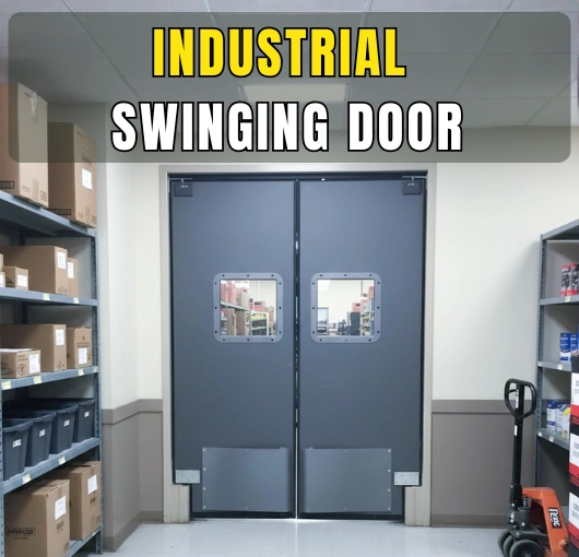 Gray industrial swinging doors installed in a restaurant kitchen with the text “What Your Restaurant Kitchen Doors Need” overlayed.