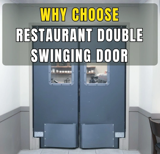 Gray restaurant double swinging doors with kick plates and vision panels in a commercial hallway