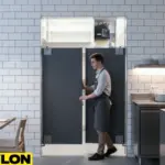 Gray restaurant swinging kitchen doors with hands-free double-action hinges Gray restaurant swinging kitchen doors with hands-free double-action hinges