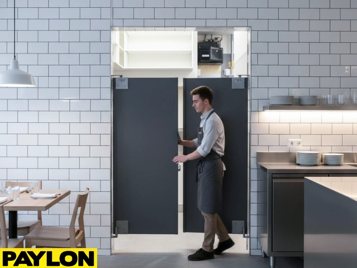 Gray restaurant swinging kitchen doors with hands-free double-action hinges Gray restaurant swinging kitchen doors with hands-free double-action hinges