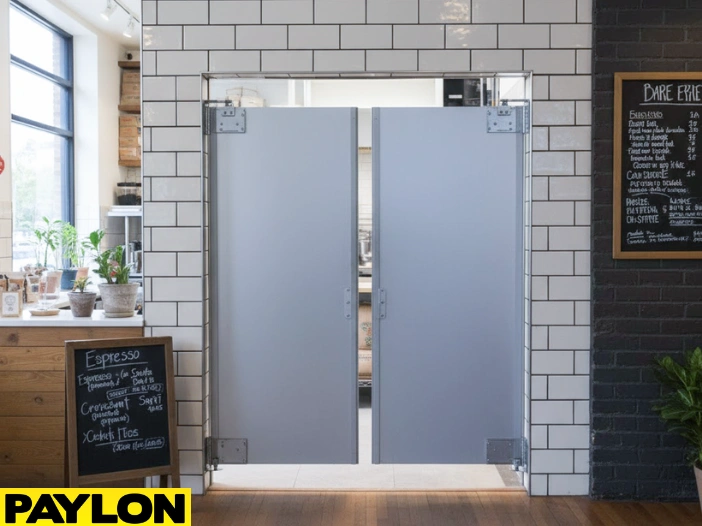 Gray swinging café doors installed in a modern café with tiled walls and wooden decor Gray swinging café doors installed in a modern café with tiled walls and wooden decor