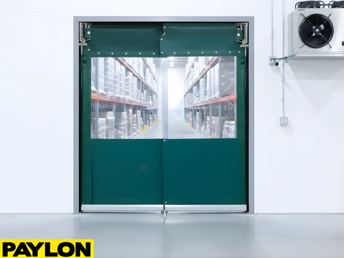 Green PVC swinging doors with clear vision panels in a cold storage facility Green PVC swinging doors with clear vision panels in a cold storage facility
