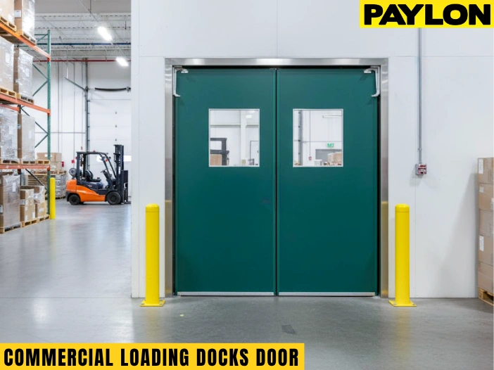 Green commercial loading dock doors with forklift access in a busy warehouse Green commercial loading dock doors with forklift access in a busy warehouse