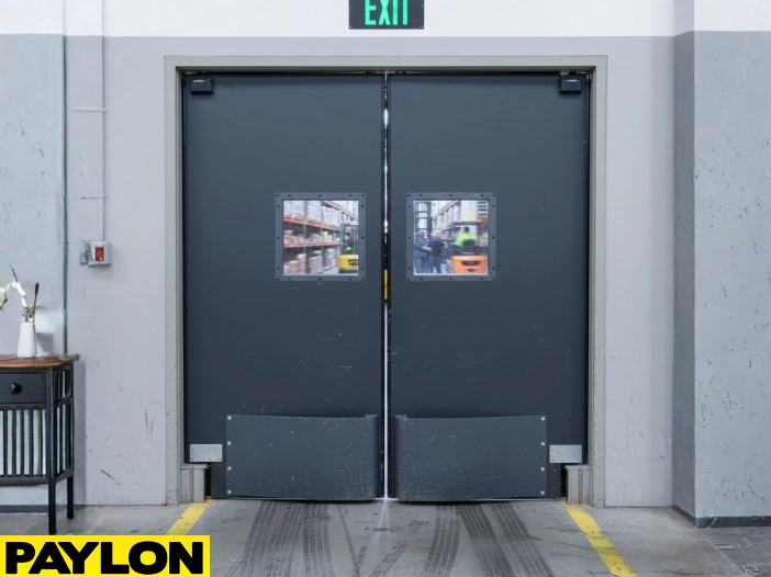 Grey double-swing warehouse impact door with vision panels in high-traffic industrial area Grey double-swing warehouse impact door with vision panels in high-traffic industrial area