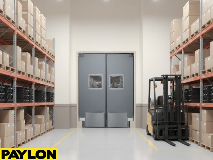 Heavy-duty gray swinging doors in warehouse with forklift and storage racks