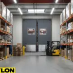 Heavy-duty gray swinging doors in warehouse with forklift and storage racks