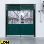 Heavy-duty green PVC swinging doors in a warehouse with forklift access for food storage and logistics efficiency