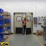 Industrial swinging doors with black kick plates in manufacturing area