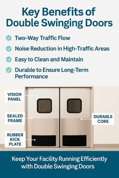 Infographic highlighting the benefits of aluminum double swinging doors, showing two-way traffic, durability, easy maintenance, and labeled parts like vision panel, sealed frame, and kick plate