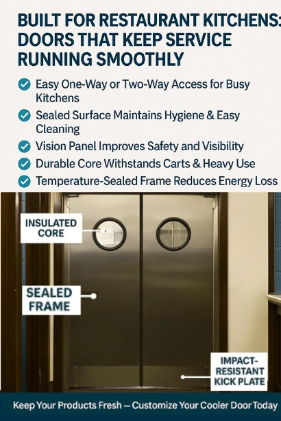 Infographic of a white restaurant kitchen door highlighting vision panel, durable core, and kick plate protection with benefits for hygiene and efficiency