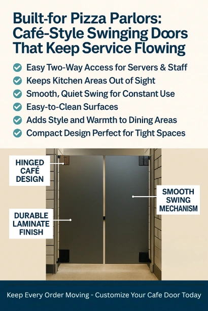 Infographic of café-style swinging doors for pizza parlors with labeled features and key benefits for efficiency and styles Infographic of café-style swinging doors for pizza parlors with labeled features and key benefits for efficiency and style