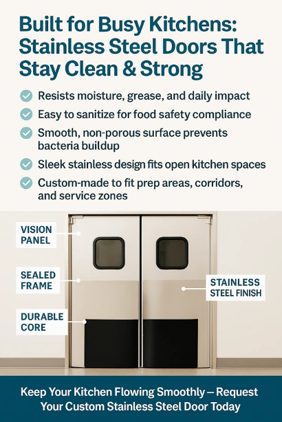 Infographic of stainless steel kitchen doors showing vision panel, sealed frame, and durable core features.
