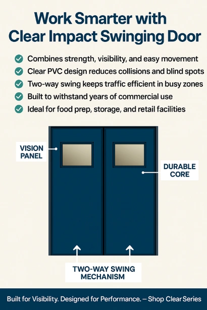 Infographic showing Clear Impact Swinging Door features with labeled vision panel, durable core, and two-way swing mechanism, highlighting visibility, strength, and efficiency benefits.