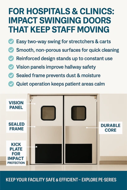 Infographic showing Impact Swinging Doors for hospitals and clinics with labeled parts, vision panel, sealed frame, durable core, and kick plate, plus benefits like easy swing, hygienic surfaces, and quiet operation