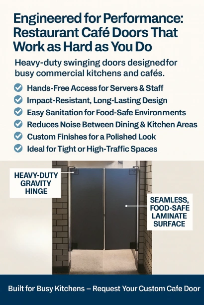 Infographic showing Restaurant Café Doors with labeled features heavy-duty gravity hinge and seamless, food-safe laminate surface, highlighting key benefits for busy kitchenS Infographic showing Restaurant Café Doors with labeled features heavy-duty gravity hinge and seamless, food-safe laminate surface, highlighting key benefits for busy kitchen