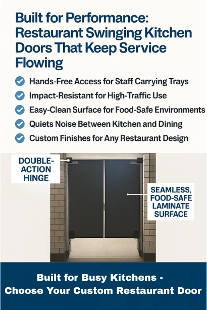 Infographic showing Restaurant Swinging Kitchen Doors with labeled features like double-action hinge and seamless, food-safe laminate surface. Infographic showing Restaurant Swinging Kitchen Doors with labeled features like double-action hinge and seamless, food-safe laminate surface.