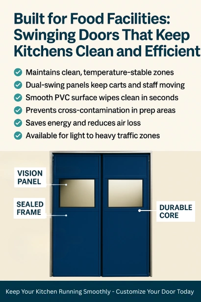Infographic showing blue PVC swinging doors for food facilities with labeled parts and benefits like hygiene, energy efficiency, and easy cleaning