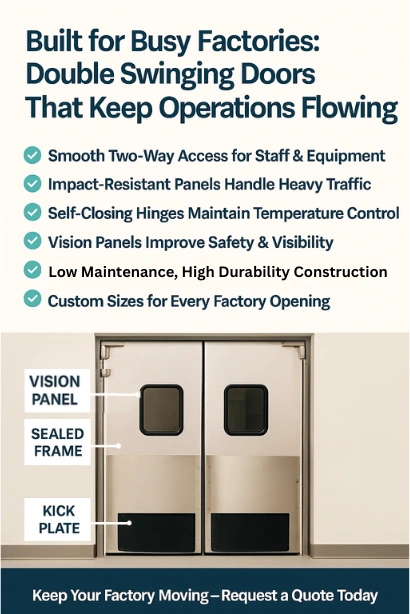 Infographic showing blue PVC swinging doors for warehouses with labeled feature,vision panel, durable core, and sealed perimeter, highlighting efficiency benefit Infographic showing blue PVC swinging doors for warehouses with labeled features,vision panel, durable core, and sealed perimeter, highlighting efficiency benefits