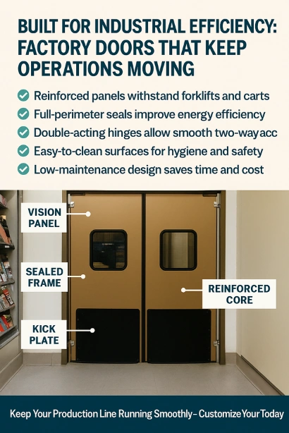 Infographic showing industrial factory swinging doors with labeled parts, vision panel, sealed frame, reinforced core, and kick plate, highlighting durability and efficiency benefits.