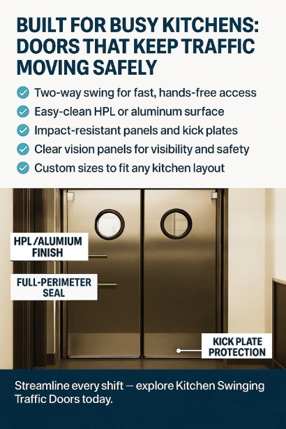 Infographic showing kitchen swinging traffic doors with labeled features including HPL aluminum finish, full-perimeter seal, double-action hinge, and kick plate protection