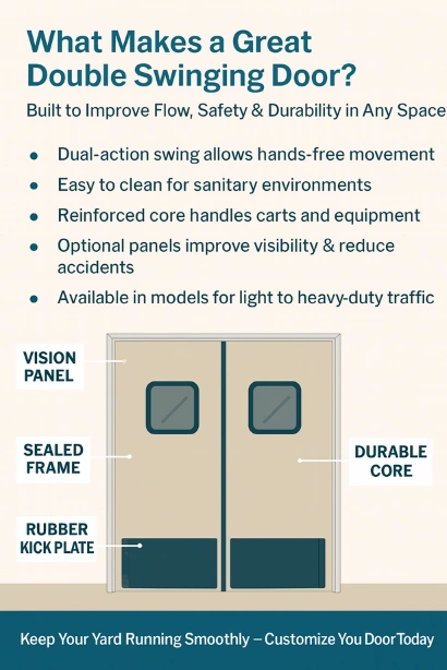Infographic showing labeled parts of a double swinging door, vision panel, sealed frame, durable core, and rubber kick plate, alongside five key benefits