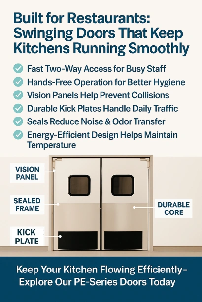 Infographic showing restaurant double swinging doors with labels for vision panel, sealed frame, and durable core, highlighting hygiene, safety, and efficiency benefits