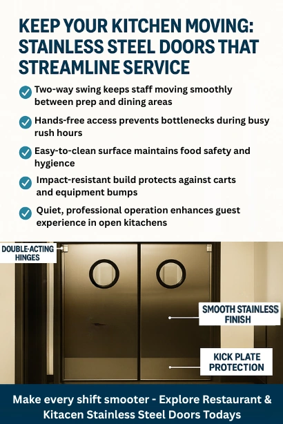 Infographic showing stainless steel swinging doors for restaurants with labels highlighting double-acting hinges, smooth stainless finish, and kick plate protection