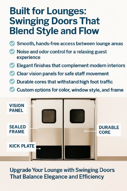 Infographic showing swinging doors for lounges with labeled features vision panel, sealed frame, kick plate, and durable core