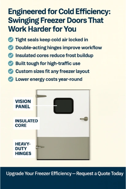 Infographic showing swinging freezer doors with labeled features including vision panel, insulated core, and heavy-duty hinges for improved cold storage efficiency.