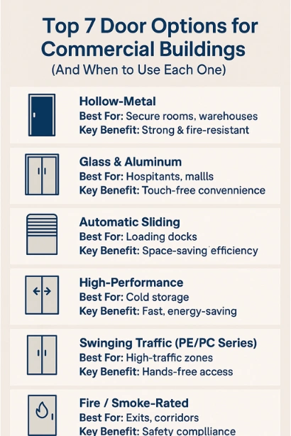 Infographic showing the Top 7 Door Options for Commercial Buildings and their uses, including hollow-metal, glass, automatic sliding, roll-up, high-performance, swinging traffic, and fire-rated doors