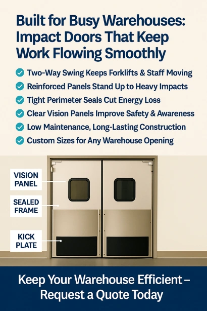Infographic showing warehouse impact doors with labeled feature, vision panel, sealed frame, and kick plate, highlighting durability, safety, and efficiency benefits Infographic showing warehouse impact doors with labeled feature, vision panel, sealed frame, and kick plate, highlighting durability, safety, and efficiency benefits