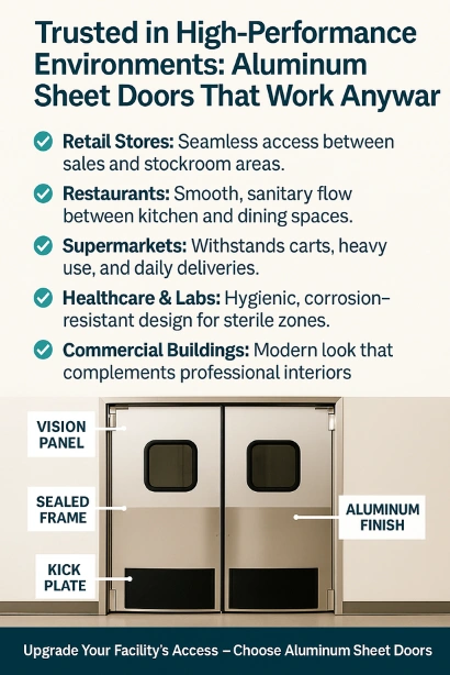 Infographic showing where Aluminum Sheet Doors work best, including retail, restaurant, supermarket, healthcare, and commercial spaces, with labeled door features like vision panel, aluminum finish, kick plate, and