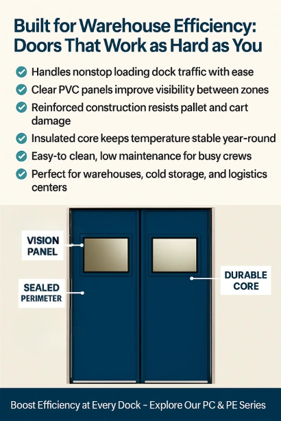 Infographic titled “Built for Busy Factories Double Swinging Doors That Keep Operation Flowing,” showing six benefits of factory swinging doors with labeled part Infographic titled “Built for Busy Factories Double Swinging Doors That Keep Operations Flowing,” showing six benefits of factory swinging doors with labeled parts