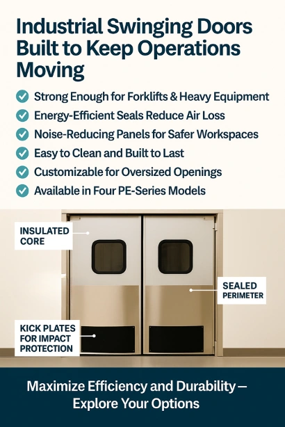 Infographic titled “Industrial Swinging Doors Built to Keep Operations Moving,” showing six benefit and labeled door parts for insulation and durability Infographic titled “Industrial Swinging Doors Built to Keep Operations Moving,” showing six benefits and labeled door parts for insulation and durability