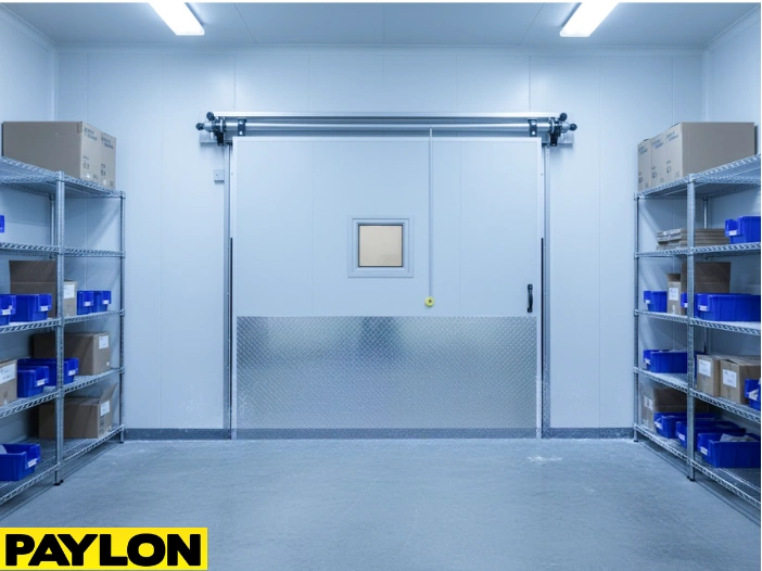 Insulated swinging freezer door with impact-resistant lower panel in a high-traffic storage area