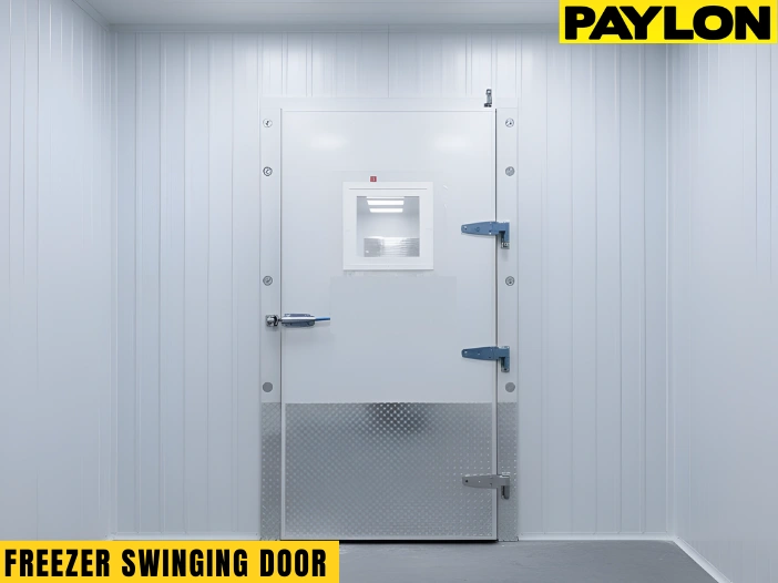 Insulated walk-in freezer door with a small vision panel and diamond plate lower section inside a clean prep room.