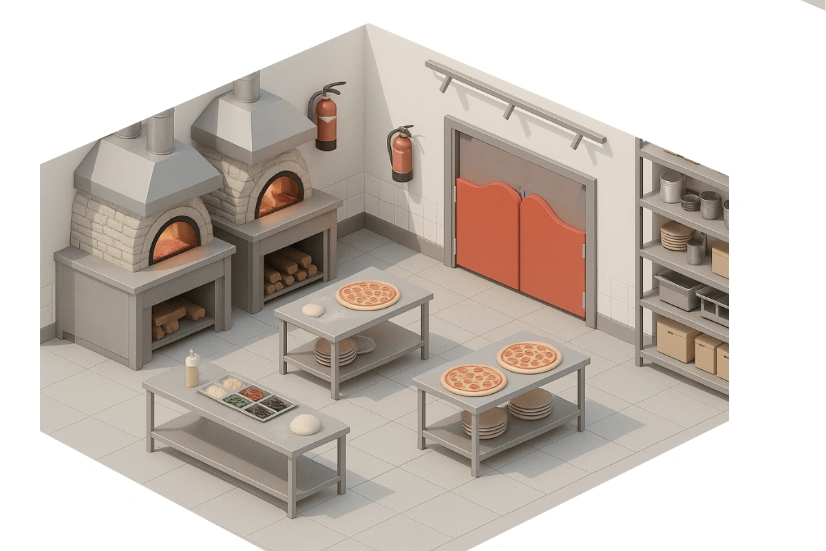 Isometric 3D illustration of a pizza parlor kitchen with red half-swinging doors, two stone pizza ovens, stainless steel prep tables topped Isometric 3D illustration of a pizza parlor kitchen with red half-swinging doors, two stone pizza ovens, stainless steel prep tables topped with pizzas and dough, ingredient trays, and shelving filled with boxes, plates, and utensils under neutral lighting