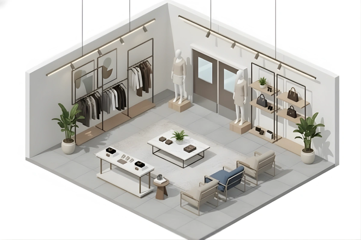 Isometric cutaway view of a high-end clothing boutique, displaying merchandise, a customer seating area, and access doors to the back