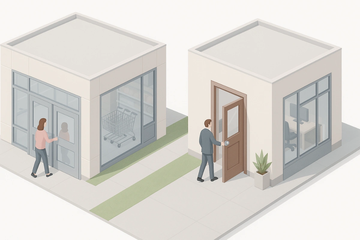 Isometric illustration comparing two commercial buildings, one with a double swinging door in a retail setting and the other with a hinged door in an office environment Isometric illustration comparing two commercial buildings, one with a double swinging door in a retail setting and the other with a hinged door in an office environment
