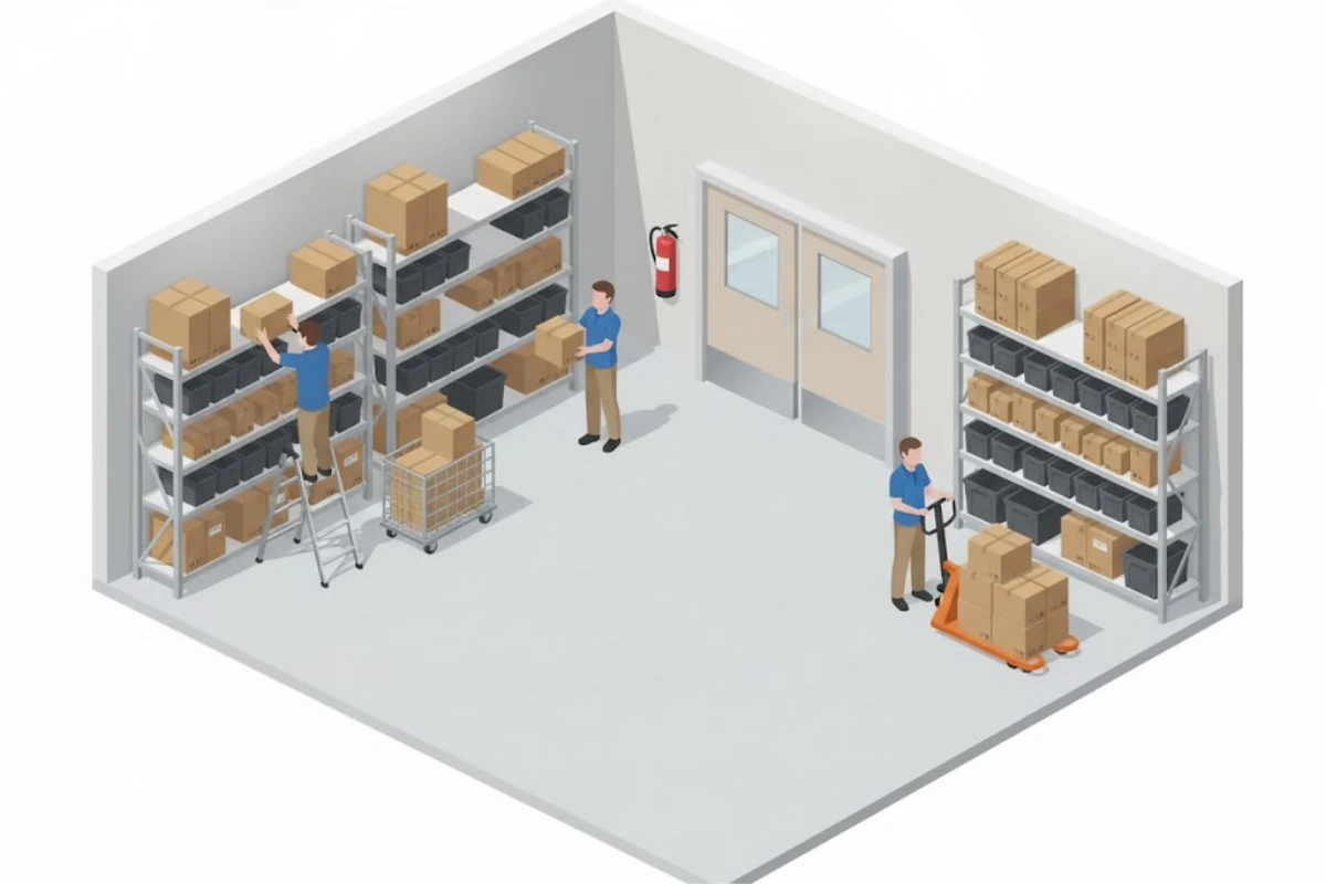 Isometric illustration of a backroom workspace showing staff organizing boxes and using swinging doors, representing how to choose the right door for your backroom, breakroom, or prep area