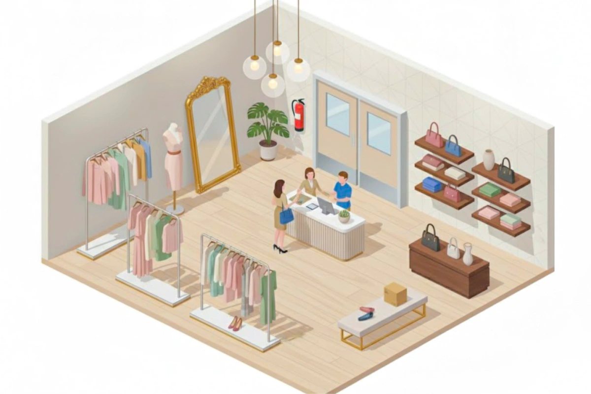 Isometric illustration of a retail boutique interior with double swinging doors, clothing racks, and customers at the checkout counter